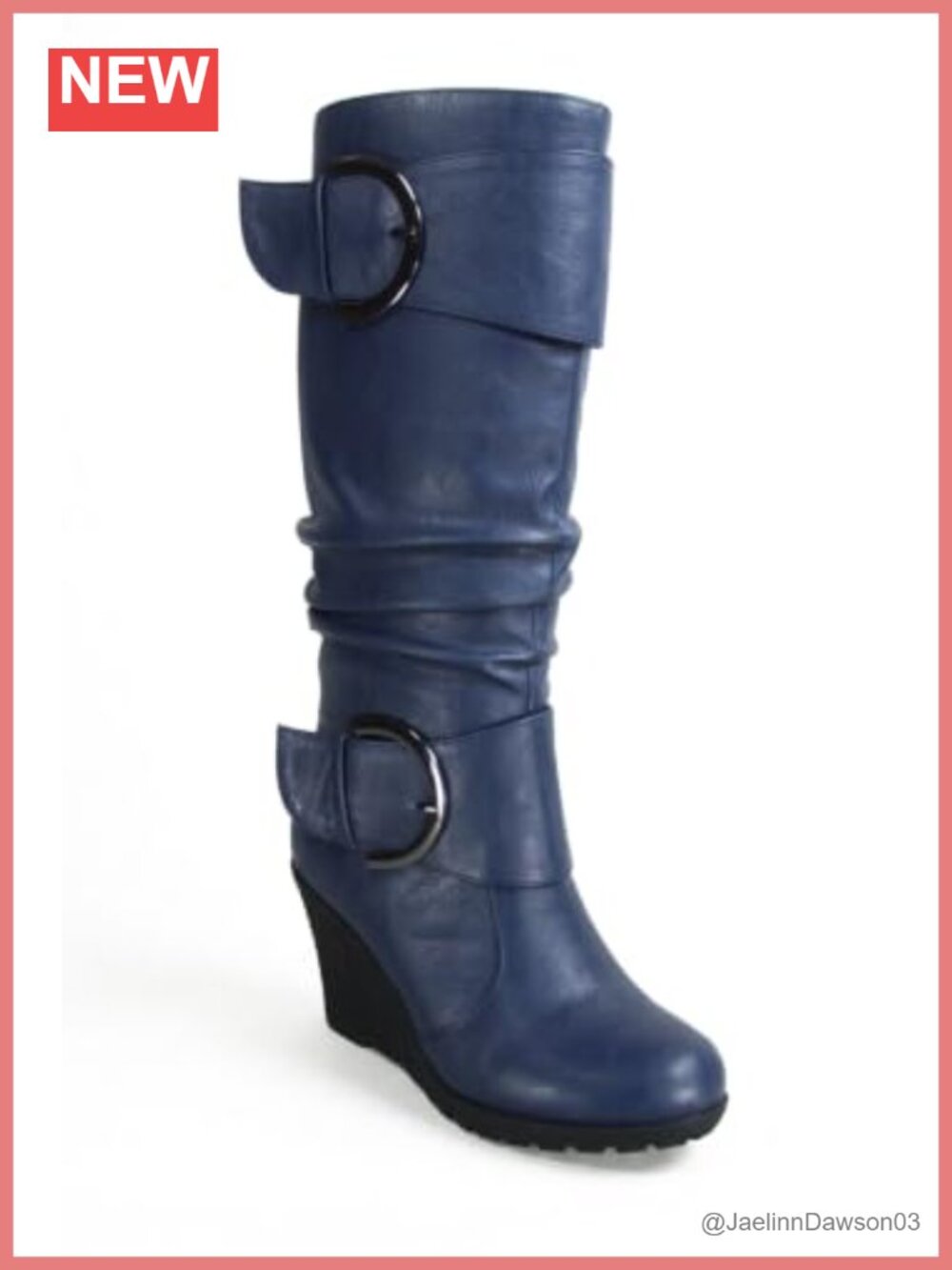 Vegan Faux Leather Mid Calf Wedge Boots Round Toe Slouch Buckle